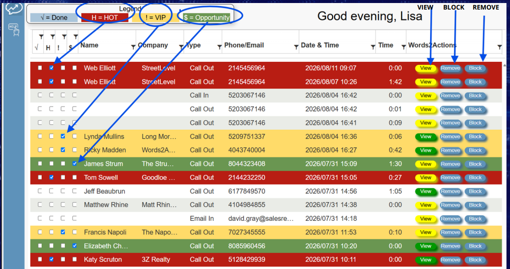 Words2Actions dashboard showing prioritized customer communications and available actions
